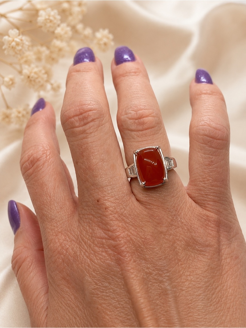 Genuine Red Agate & Simulated Diamond Ring Size 6 Platinum Bond Brass 7.05 Ctw